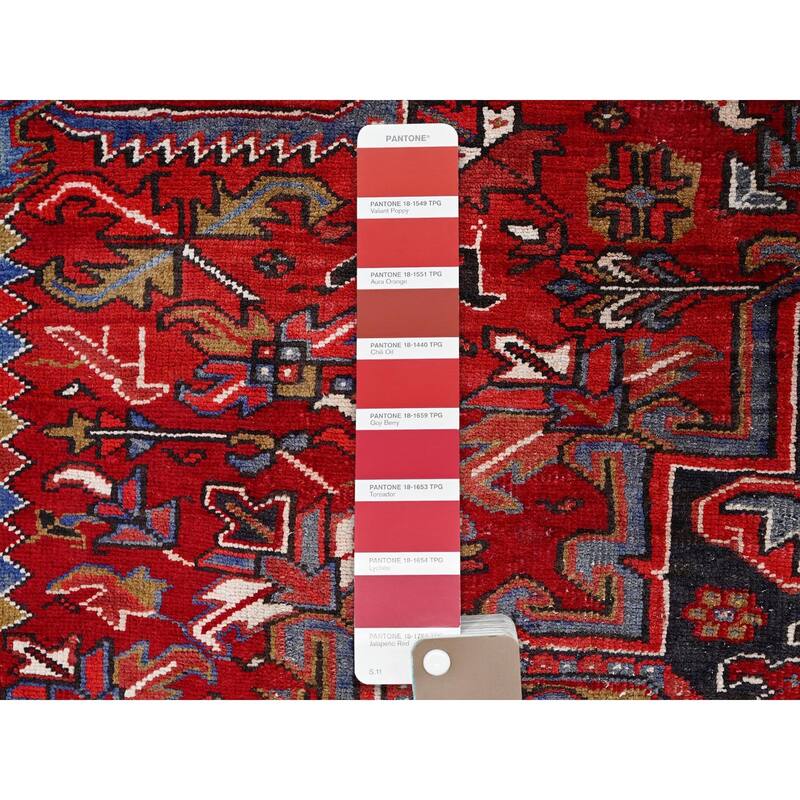 Shahbanu Rugs Vermilion Red Hand Knotted Vintage Persian Heriz All Wool
